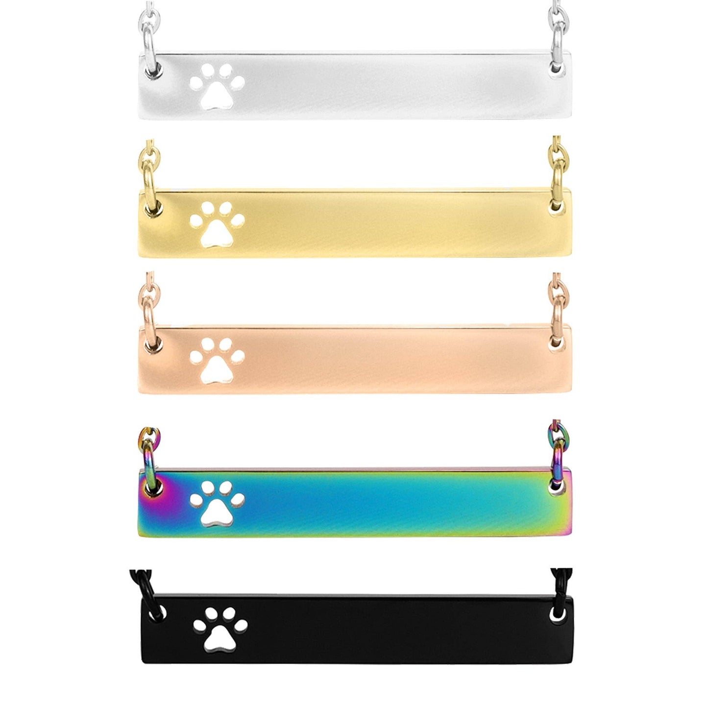 Stainless Steel Blank Cutout Paw Print Bar Necklace: Rainbow